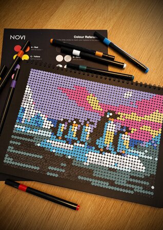 Premium Edition II opengeslagen met pinguïns op een ijsschots in pixel art
